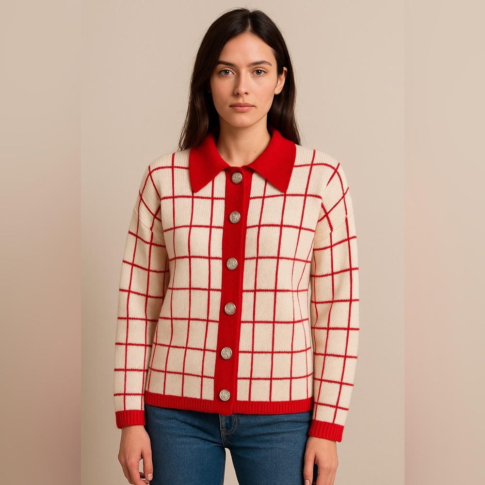 Vintage Red & Cream Grid Knit Cardigan Sweater with Geometric Design  | M/L